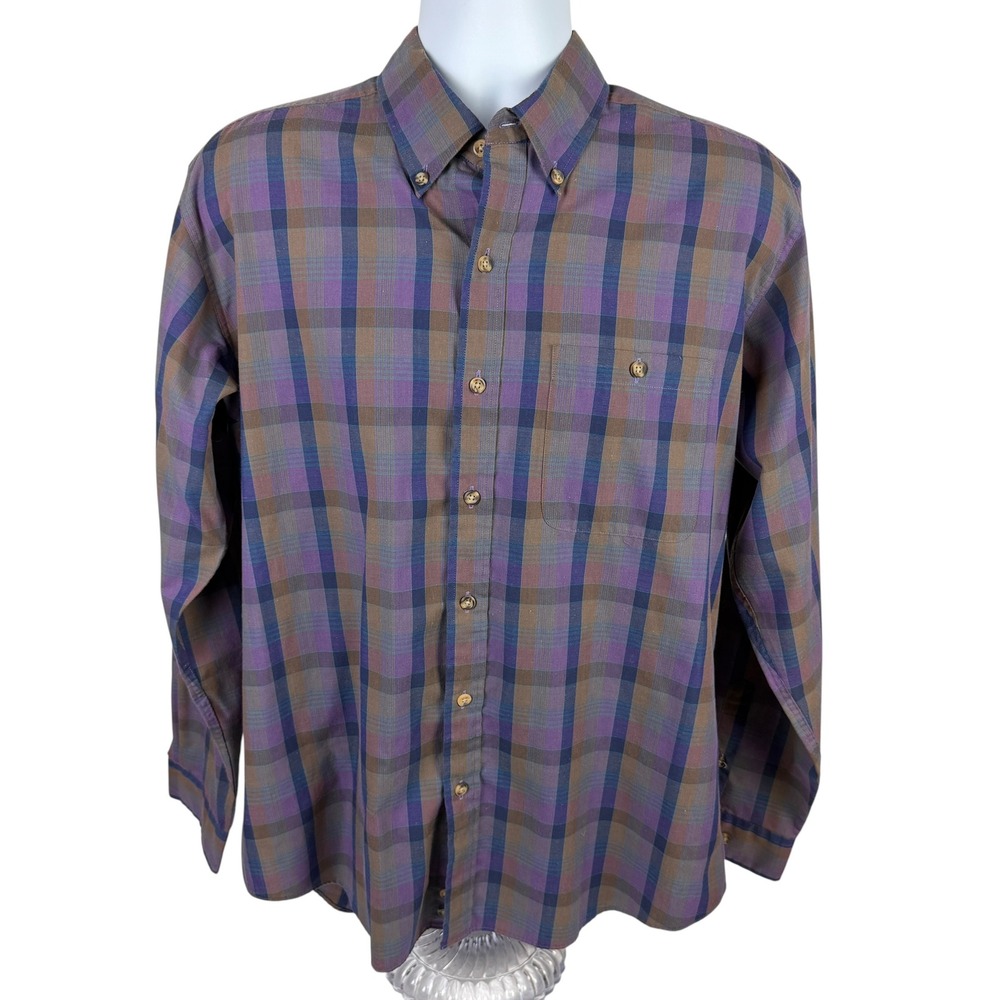 Cambridge Classics Men's Large Purple Brown Plaid Long Sleeve Button Down Shirt - Picture 1 of 8